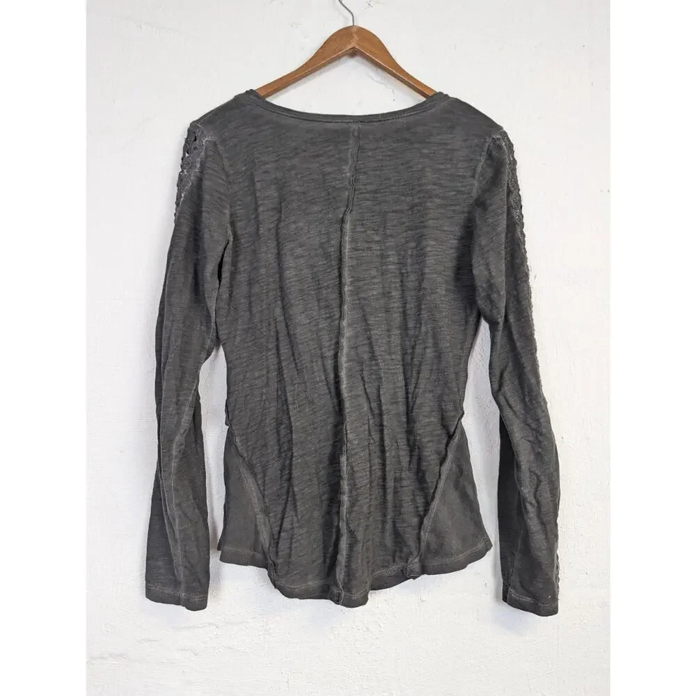 Free People Ribbon and Lace Henley Shirt Washed Black Grunge Boho Womens Large